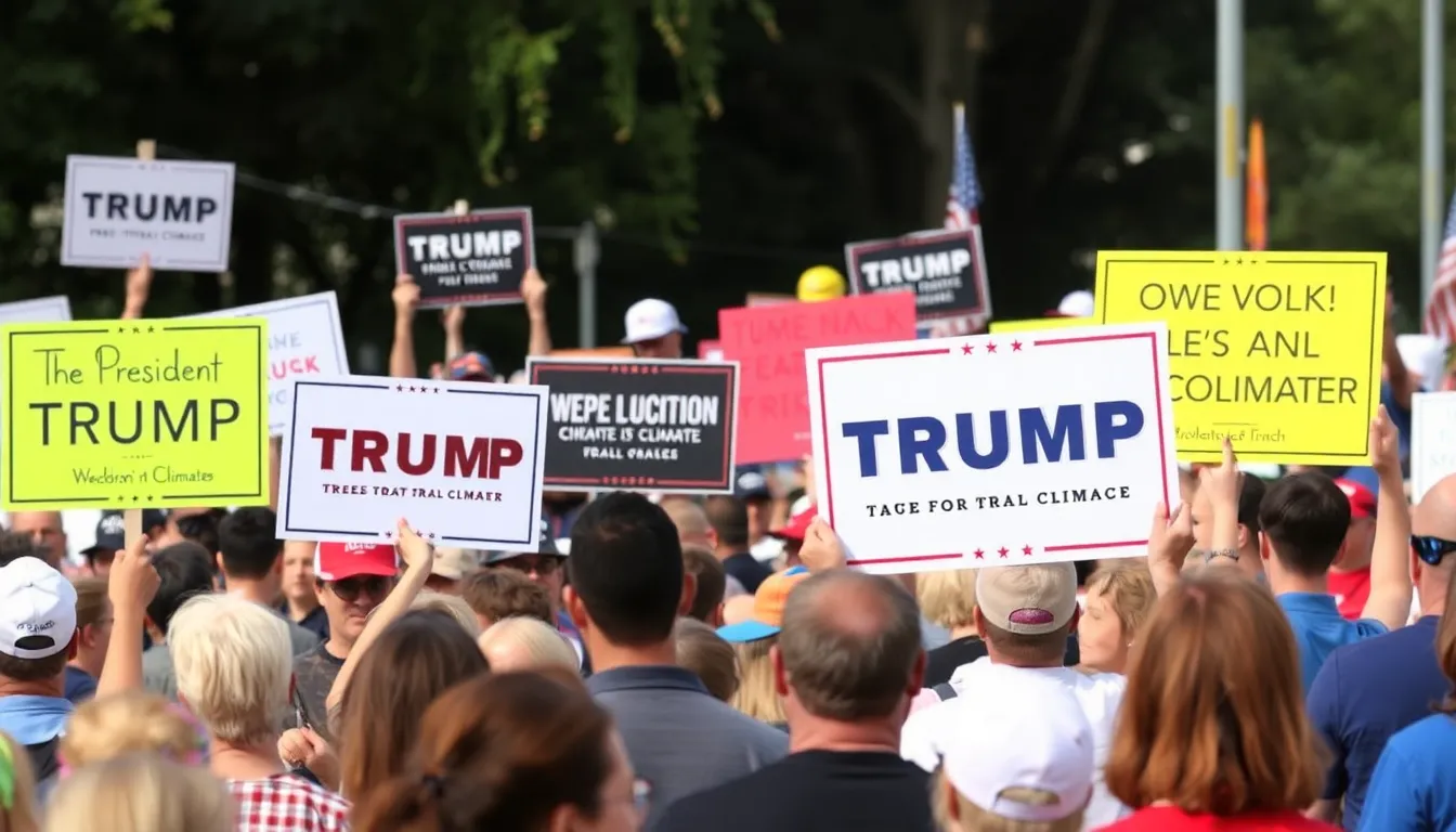 A crowd of supporters gathers at a rally, holding signs that promote former President Trump's campaign and his proposed rollback of climate policies.