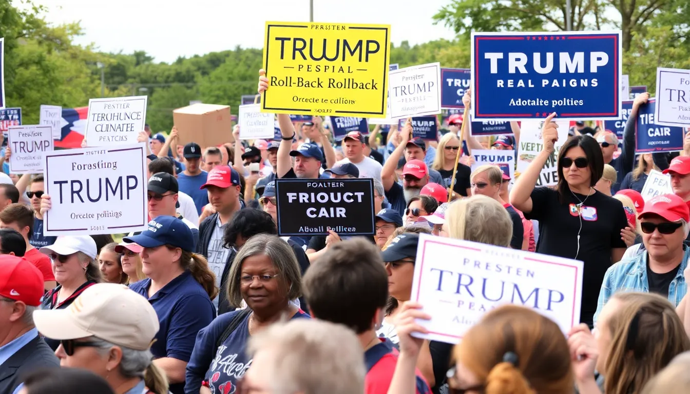 A protest scene with environmental activists holding signs advocating for climate action, reflecting the public's response to the rollback of environmental regulations under the Trump administration