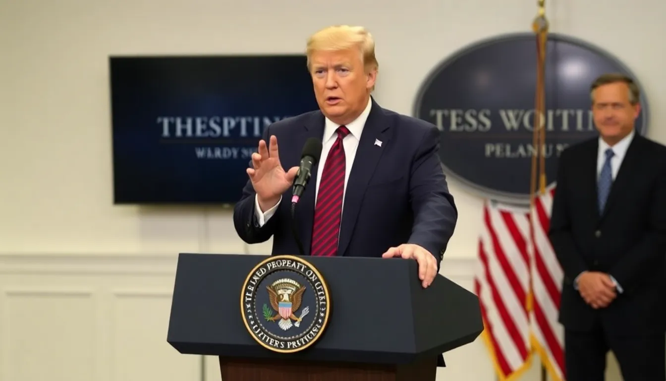 President Trump speaks at a podium during a press conference, addressing the media about his decision to delay military action against Iran amidst rising tensions in the region.