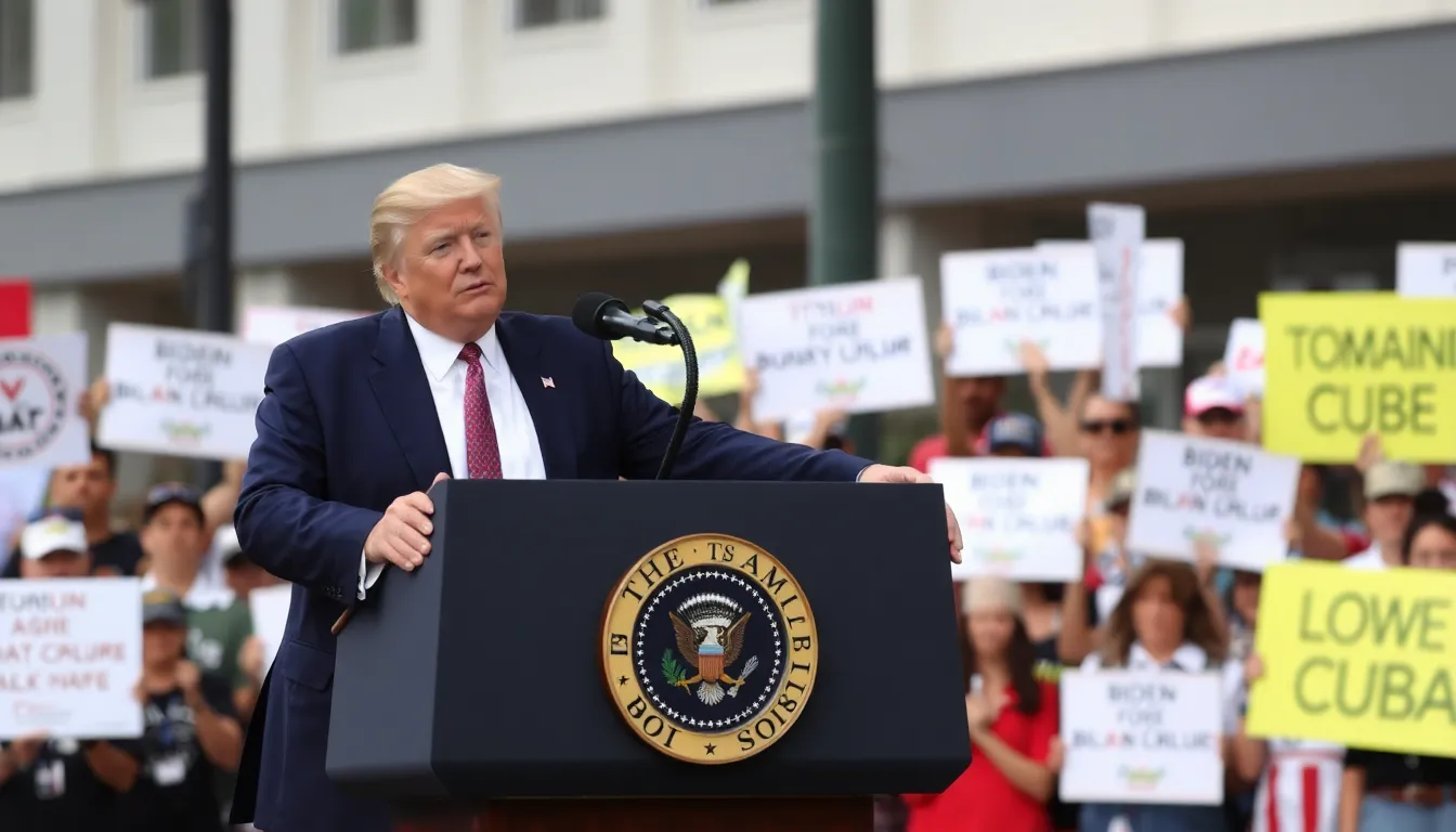 Former President Donald Trump delivers a speech criticizing the Biden administration's foreign policy and discussing potential military intervention in Cuba, with supporters gathered in the background.