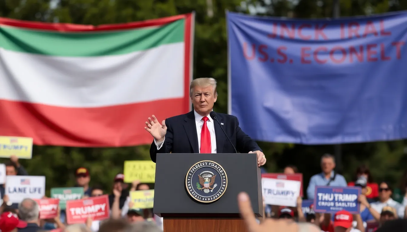Former President Donald Trump speaks at a rally, addressing supporters about the challenges posed by the Iran conflict and its potential impact on the U.S. economy.