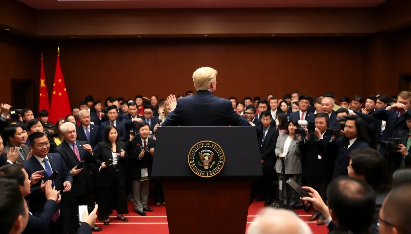 Donald Trump speaks at a podium during a press conference, announcing his upcoming meeting with Xi Jinping, while reporters gather around him in a crowded room.