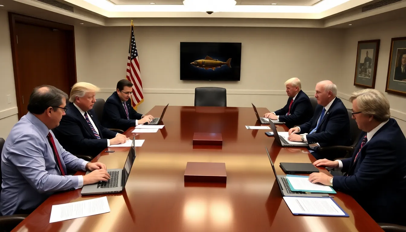 Trump administration officials gather in a conference room, discussing strategies to implement new tariffs following the Supreme Court's recent ruling.