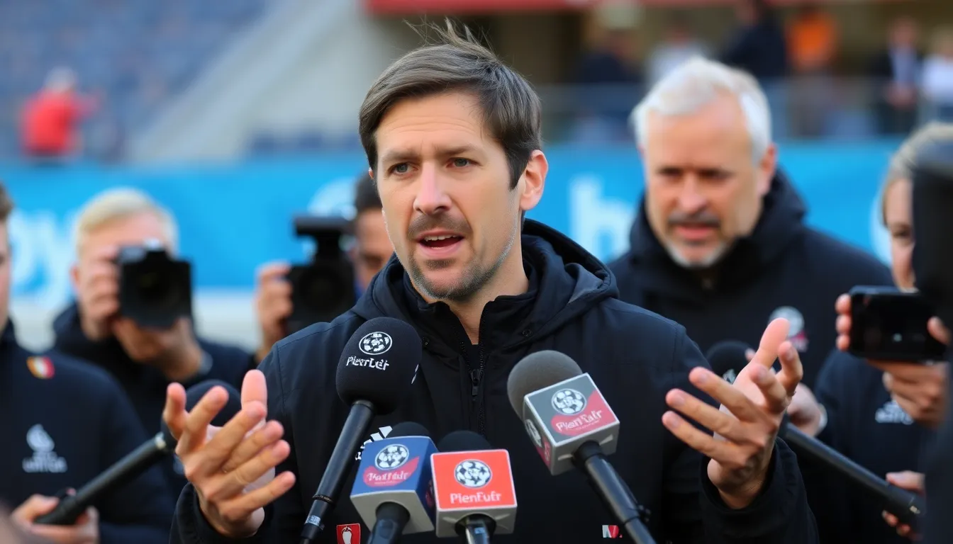 Thomas Tuchel gestures during a postmatch interview, discussing his controversial assessment of Trent AlexanderArnold while surrounded by reporters.