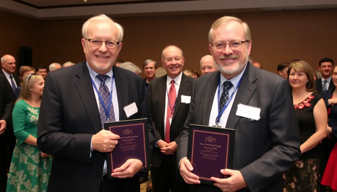 Charles Bennett and Gilles Brassard celebrate their Turing Award recognition for pioneering quantum cryptography, surrounded by colleagues and supporters at a prestigious ceremony.
