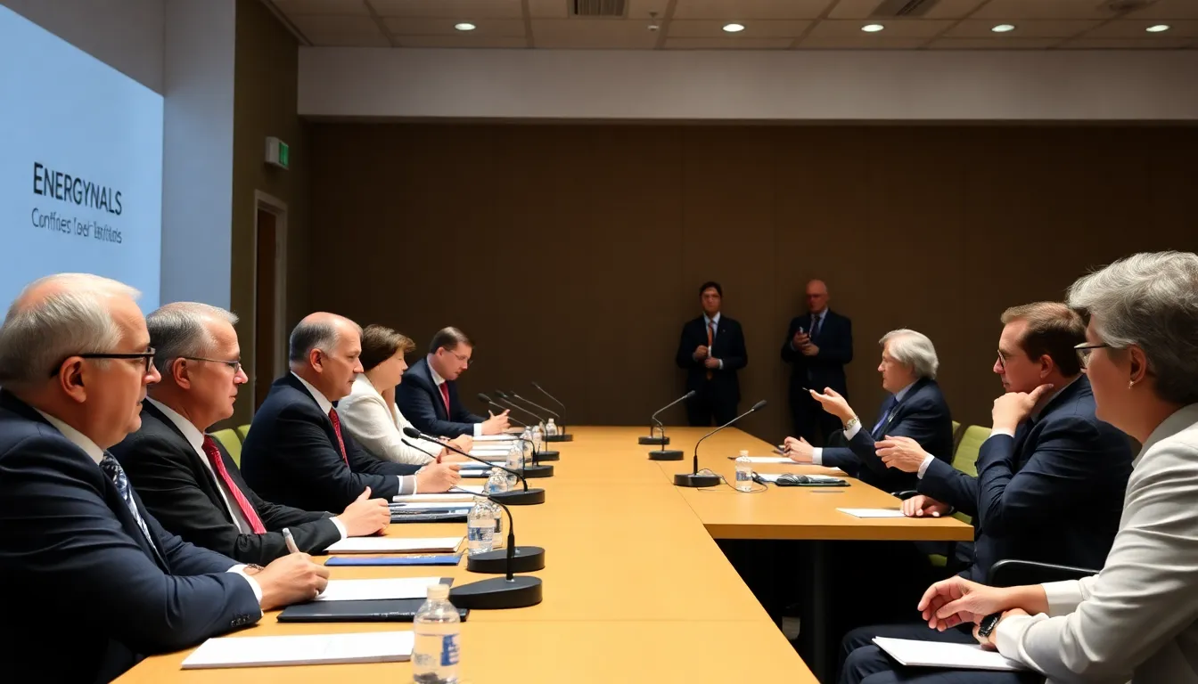 Energy company representatives discuss fluctuating prices and contract changes during a press conference in London.