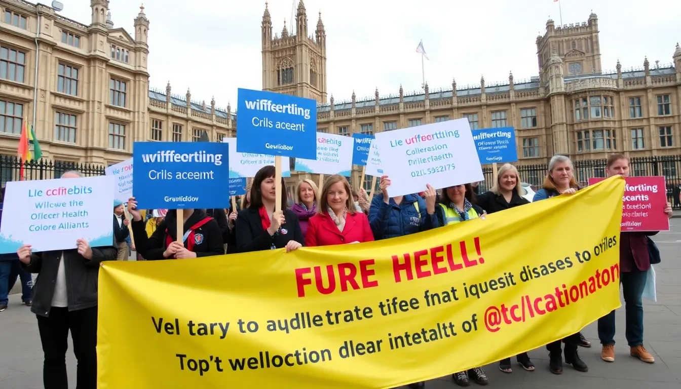 A group of health advocates gathers outside the UK Parliament, holding signs and banners to protest the government's decision to cancel a major global health initiative aimed at combating infectious diseases.