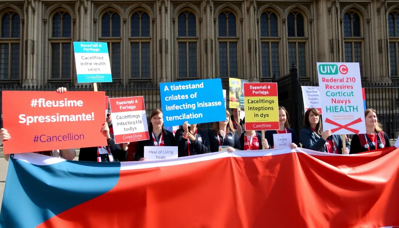 A meeting between international health organization representatives and UK government officials discussing the implications of funding cuts on global health projects