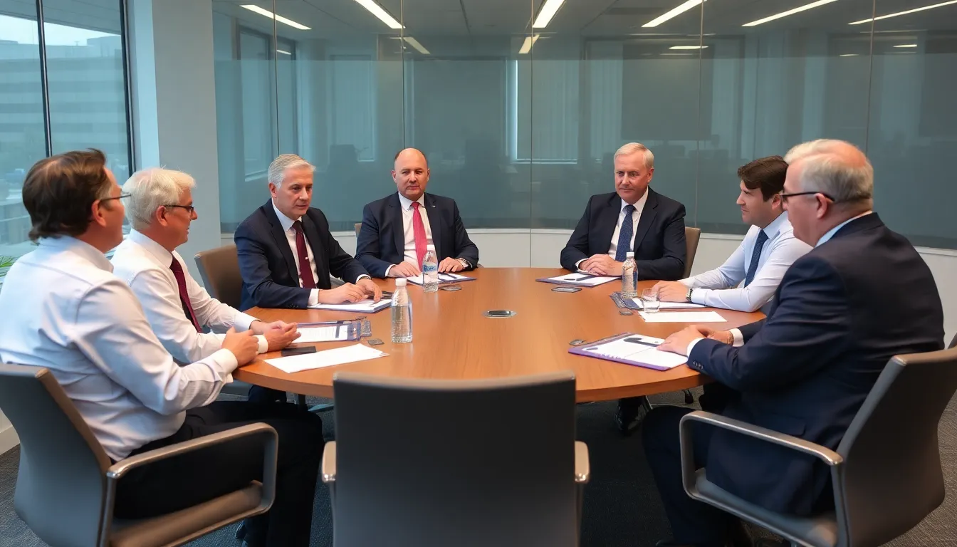 Government officials gather around a conference table, discussing strategies to address the rising oil prices and their potential impact on the UK economy.