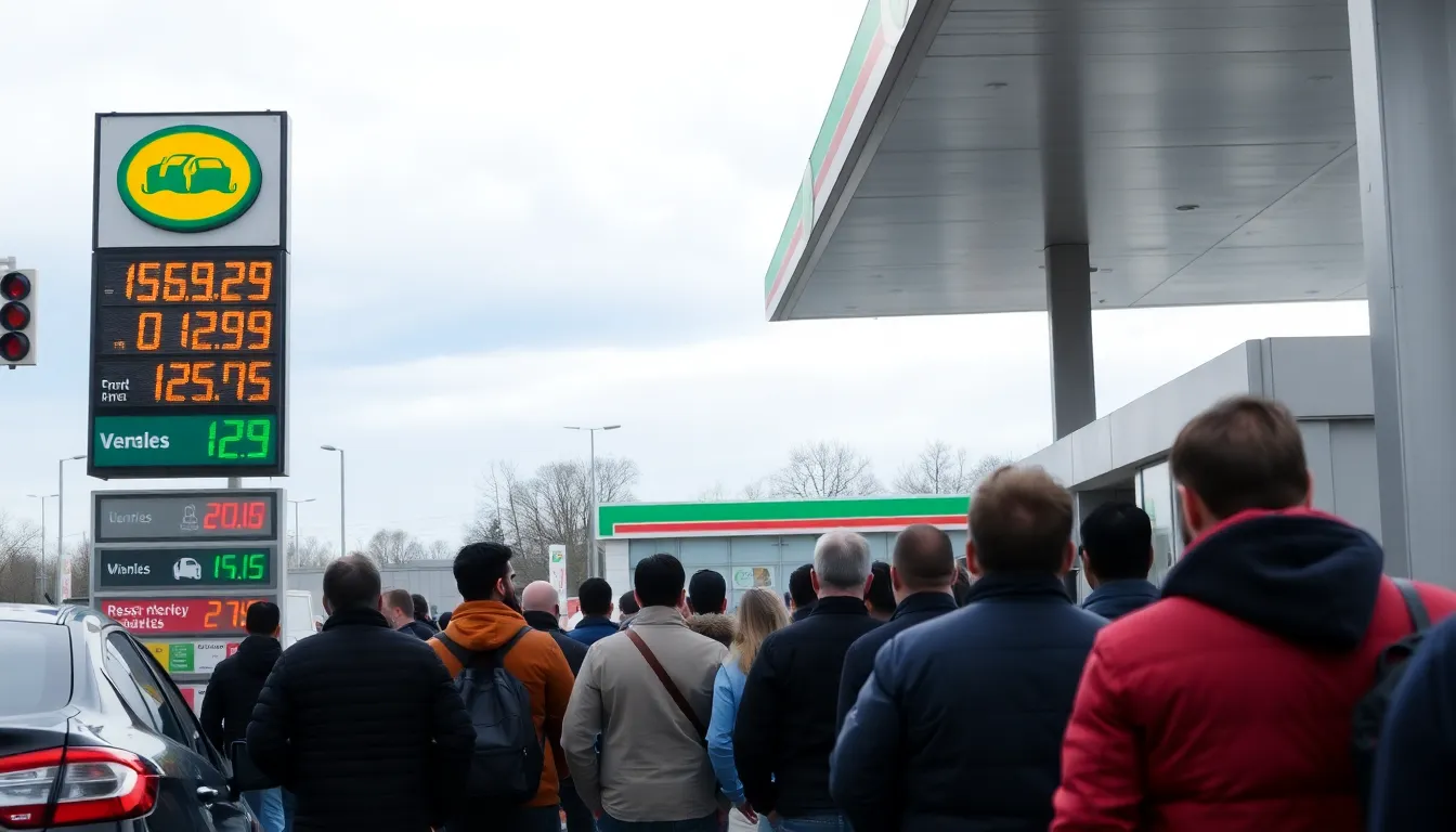 A crowded petrol station displays a digital sign showing rising fuel prices, with motorists waiting in line to fill their vehicles.
