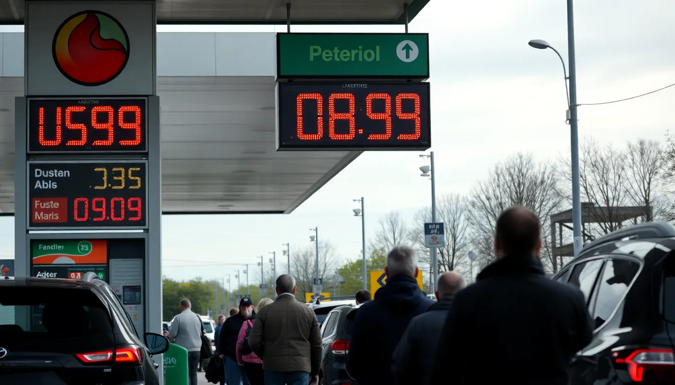 Commuters waiting for public transport in a city setting, illustrating the shift in consumer behavior due to rising petrol and diesel costs
