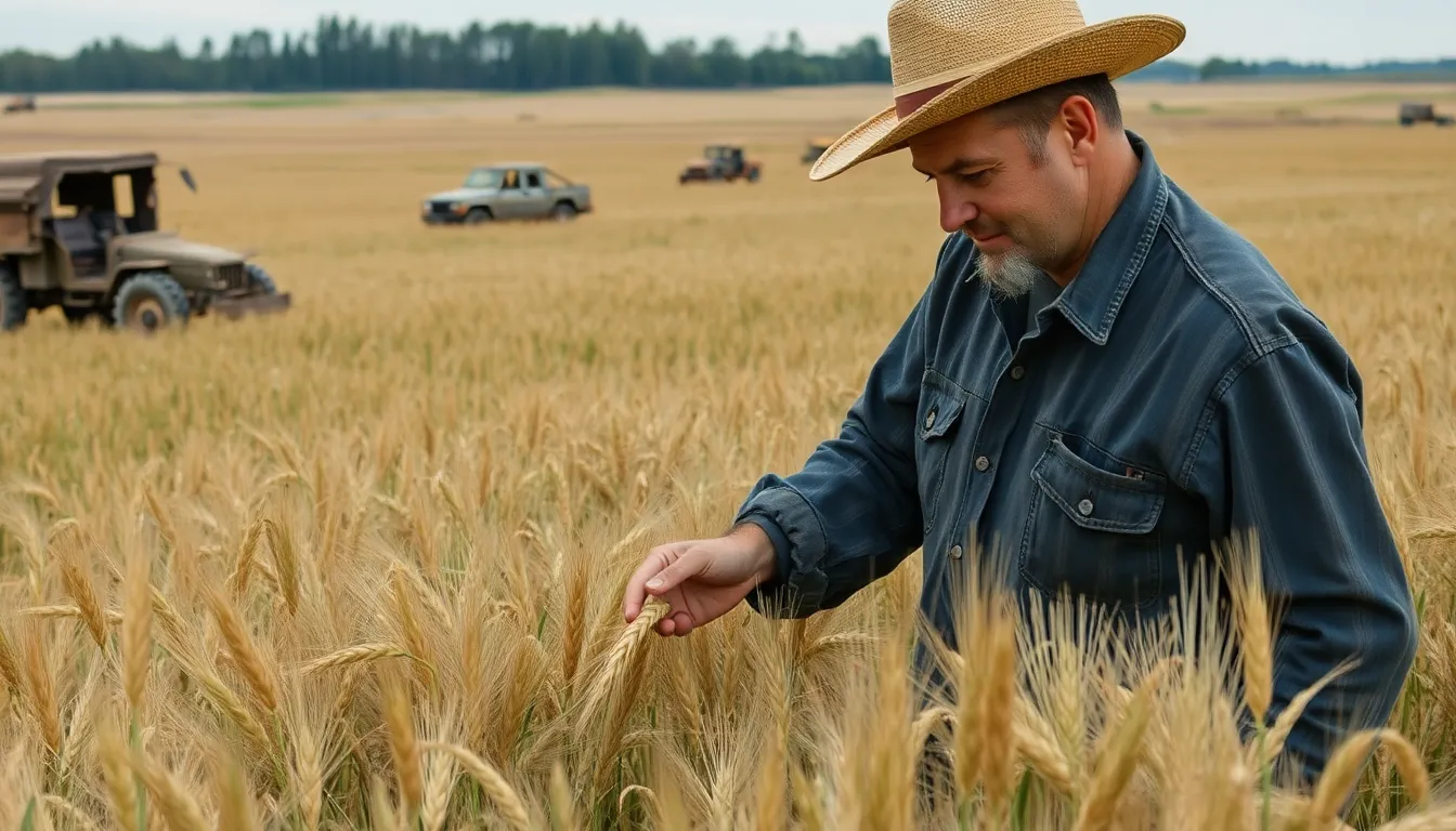 A farmer surveys a damaged wheatfield in Ukraine, with remnants of military equipment visible in the background, highlighting the impact of ongoing conflict on agriculture.