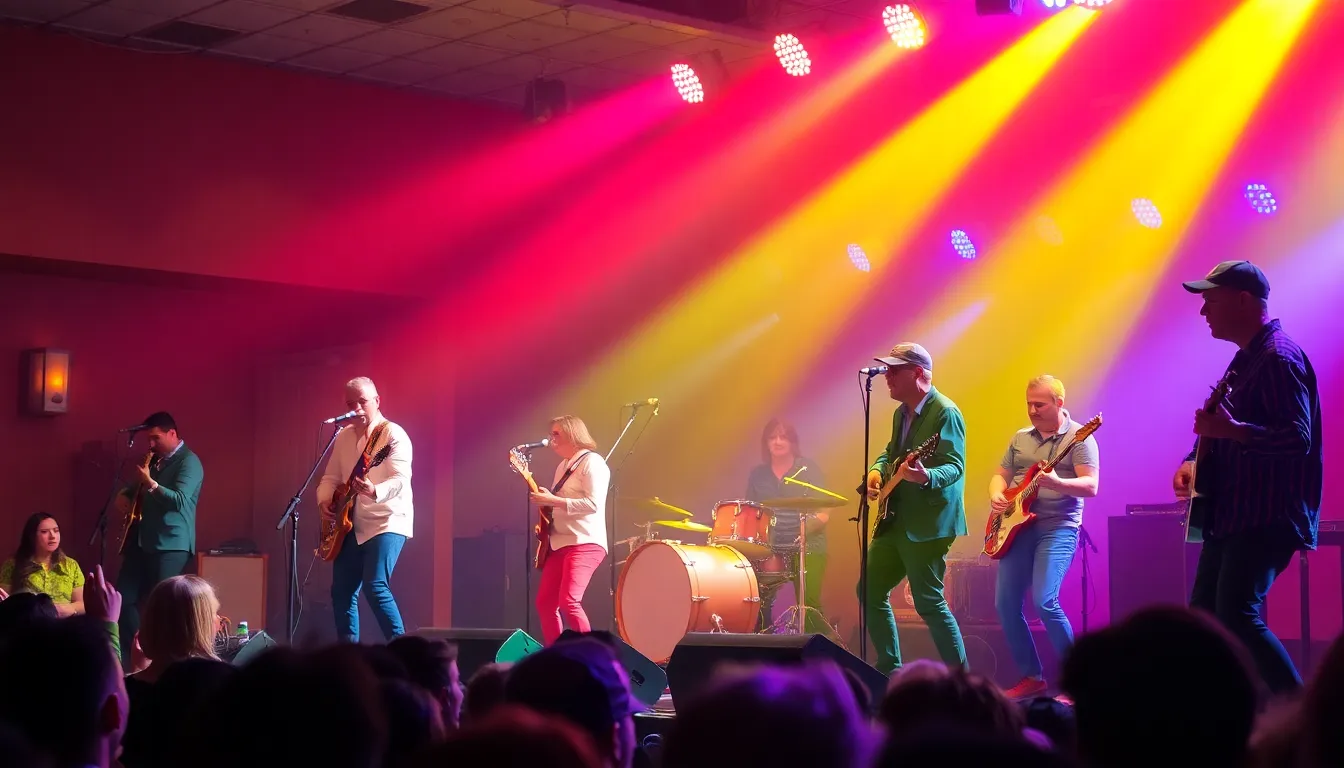 A group of musicians is seen performing on stage, engaging the audience with their energetic presence while colorful lights illuminate the venue.