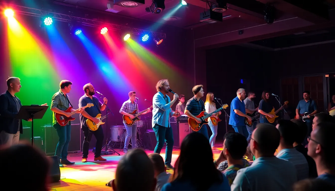 A musician performing energetically at a live event while short video snippets of their performance circulate on social media, illustrating the impact of clipping on audience engagement