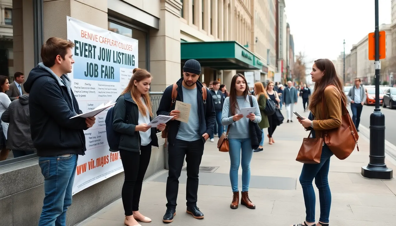 A group of recent college graduates stands outside a job fair, looking disheartened as they review job listings and discuss their frustrations with the current job market.