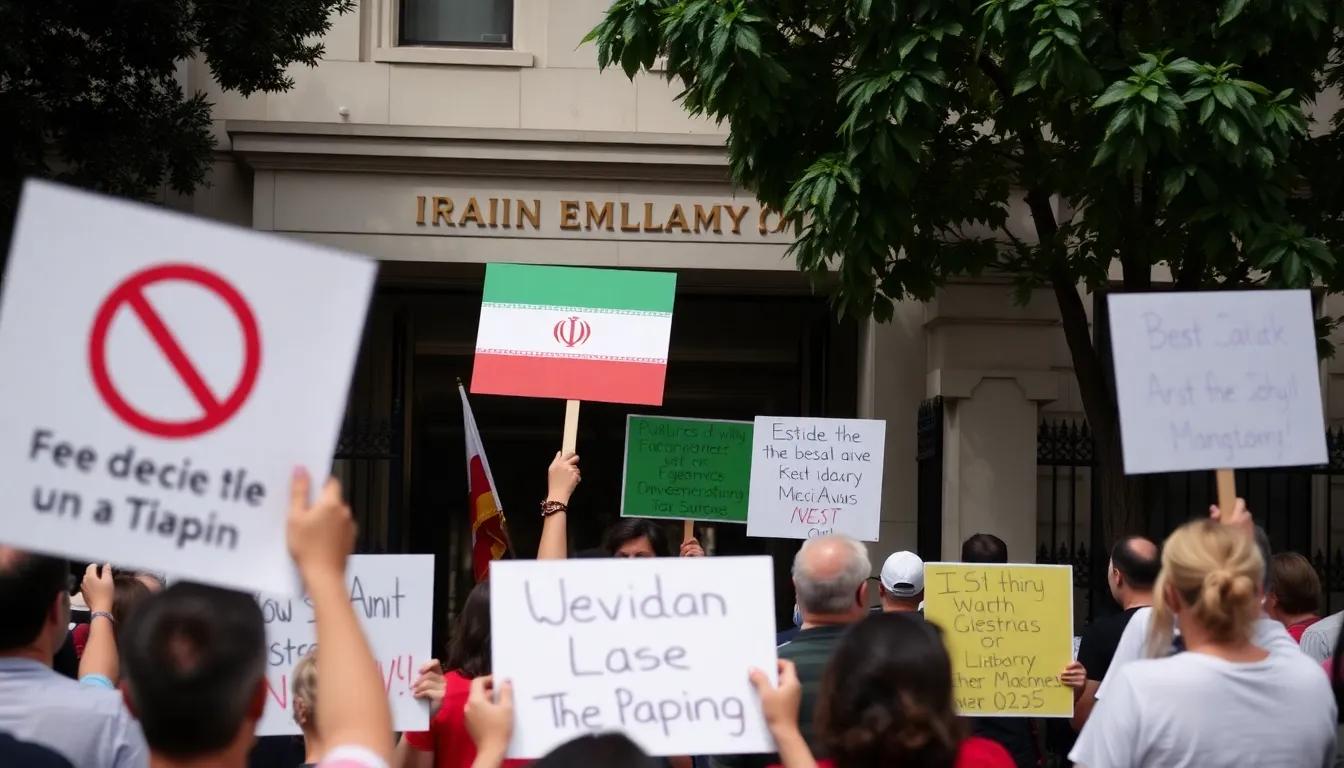 Protesters gather in front of the Iranian embassy, holding signs condemning recent military strikes and calling for peace in the region.