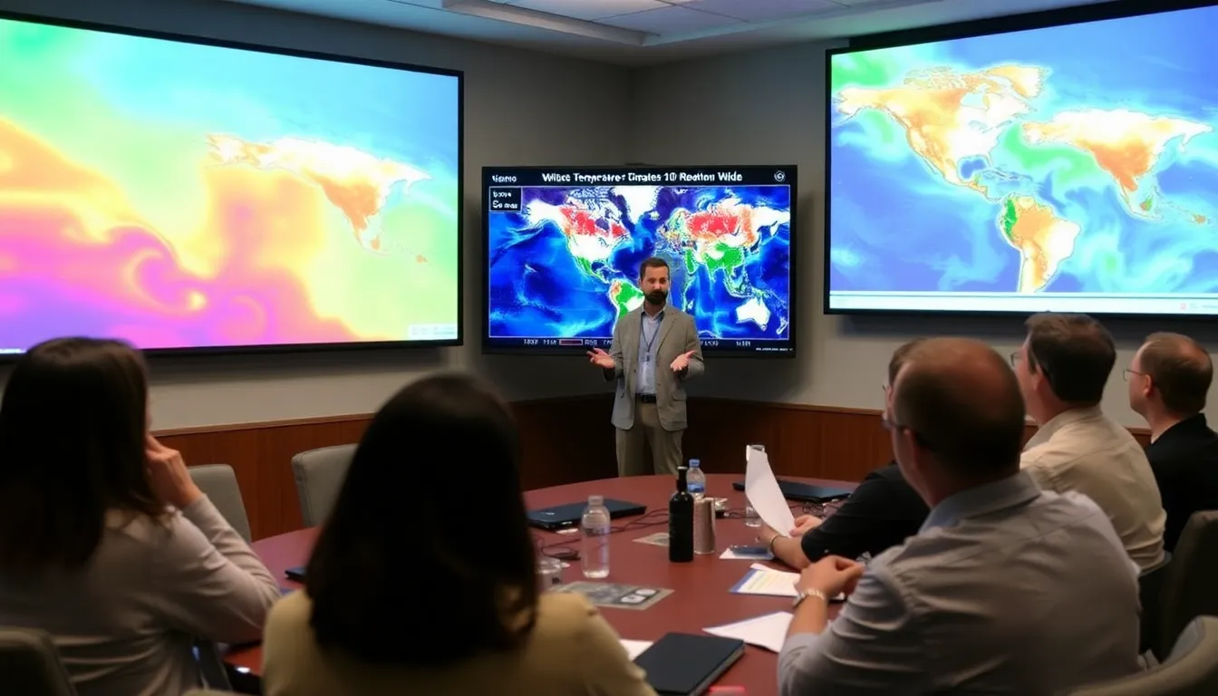A weather expert analyzes data on a large screen displaying ocean temperature anomalies, while colleagues discuss the implications of the current El Niño event in a conference room.