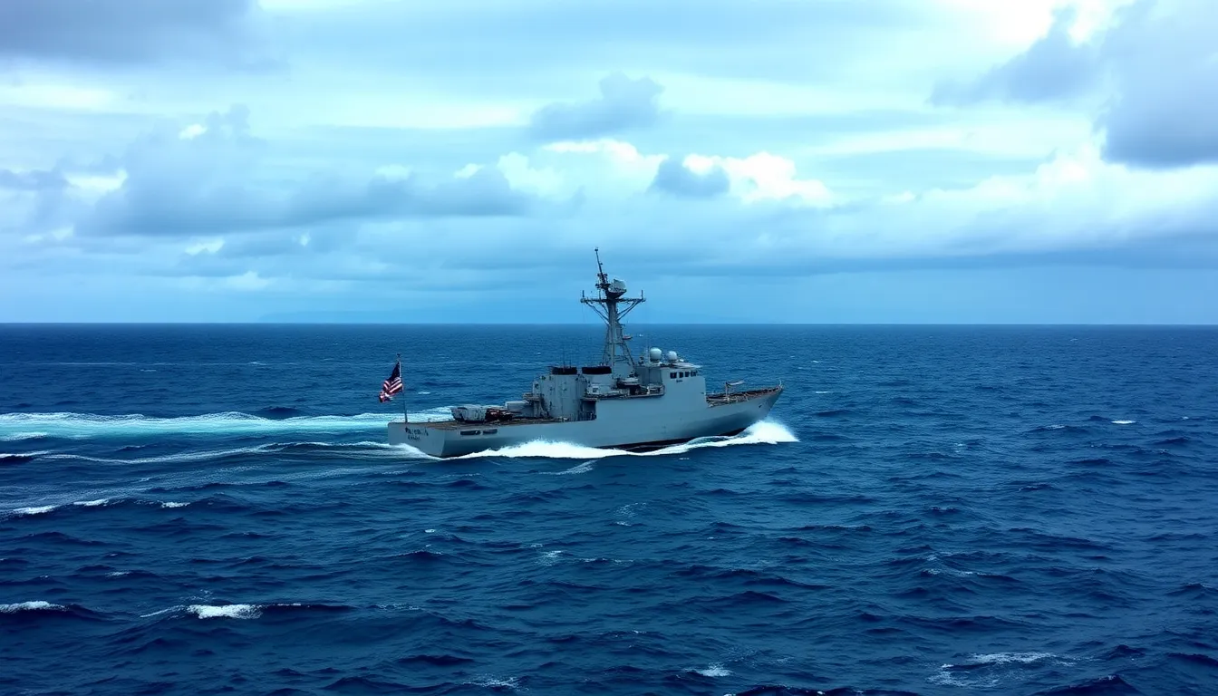 A military vessel navigates through the South China Sea as tensions rise between the United States and China amid ongoing territorial disputes.