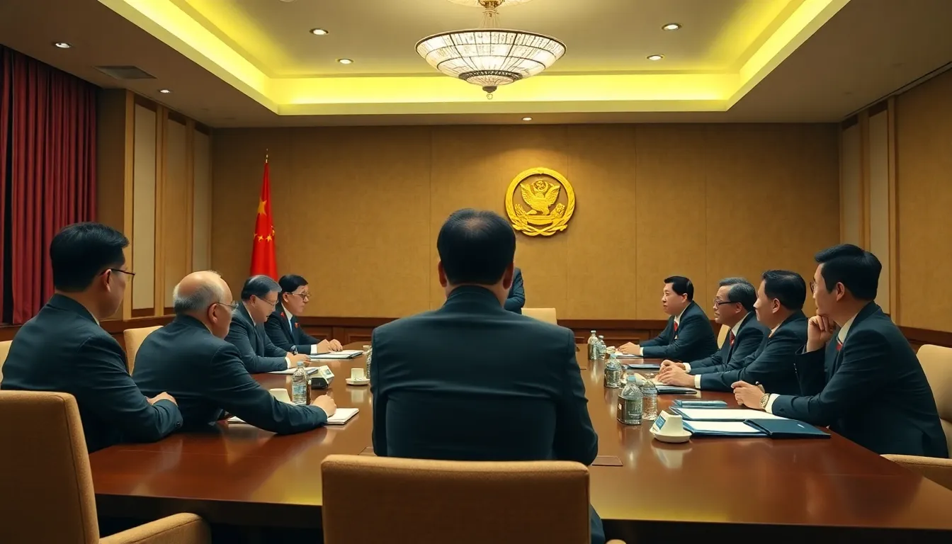 A group of Chinese officials gathers in a conference room, attentively listening to a speaker discussing the ongoing anticorruption campaign led by President Xi Jinping.