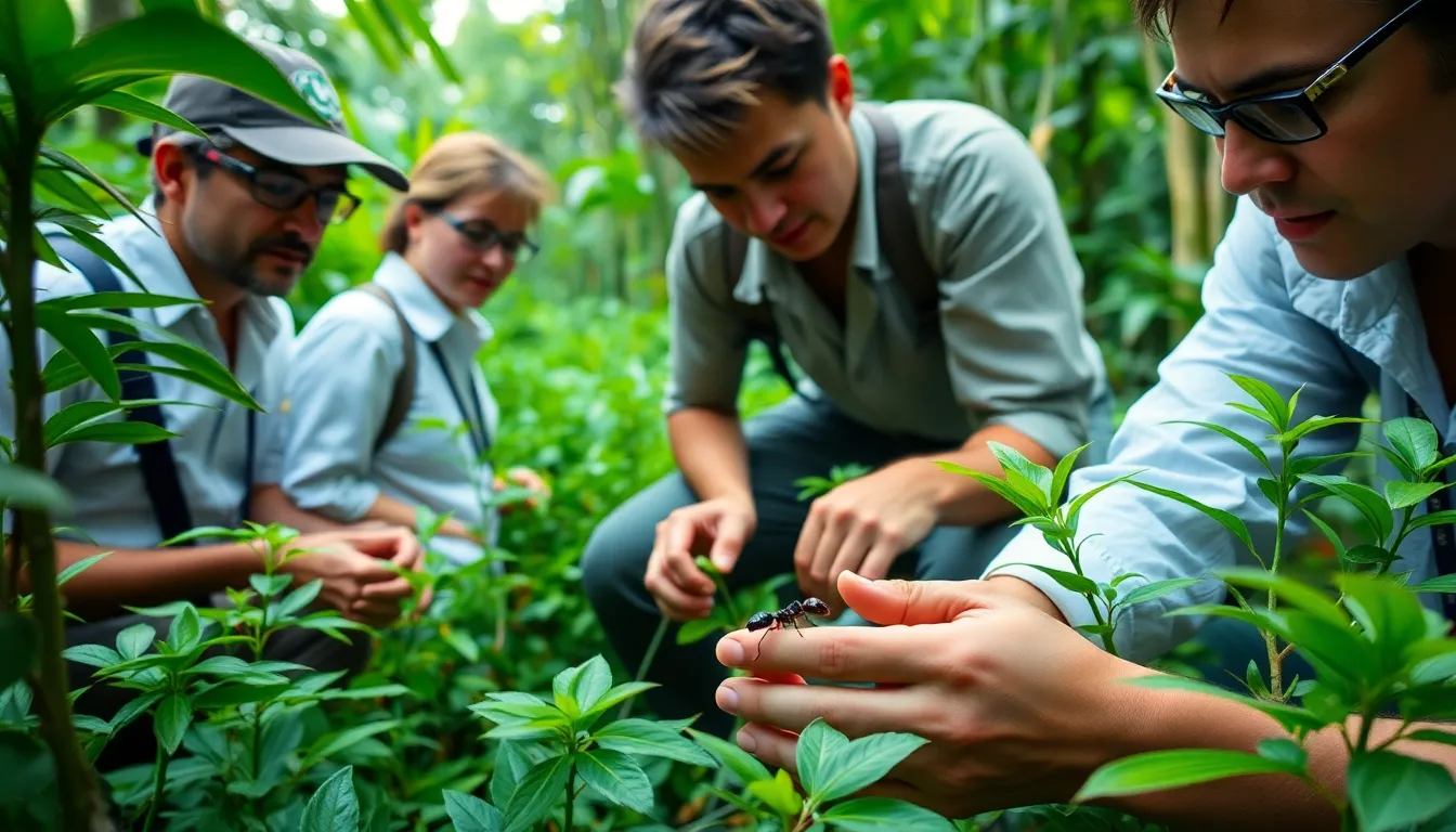 A team of researchers examines a newly discovered ant species in the lush undergrowth of the Amazon rainforest, showcasing the intricate details of its unique features.