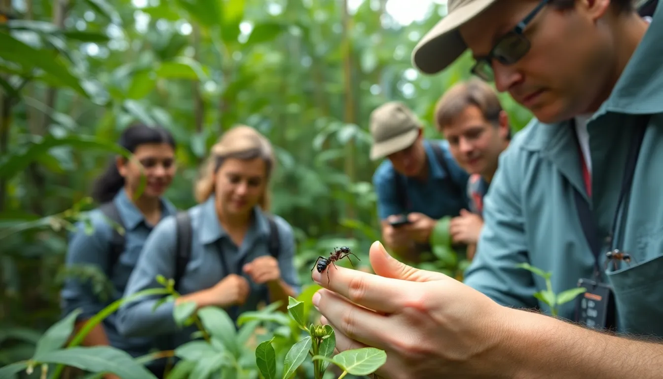 A farmer observing changes in pest populations on their crops, as unique ant species play a role in natural pest control, emphasizing the connection between agriculture and biodiversity