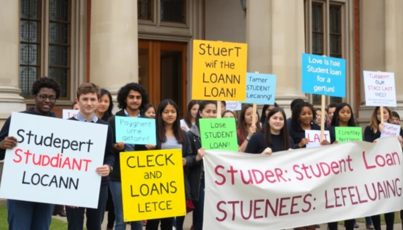 A group of students gathers outside a university building, holding signs and banners advocating for reforms to the student loan system in England.