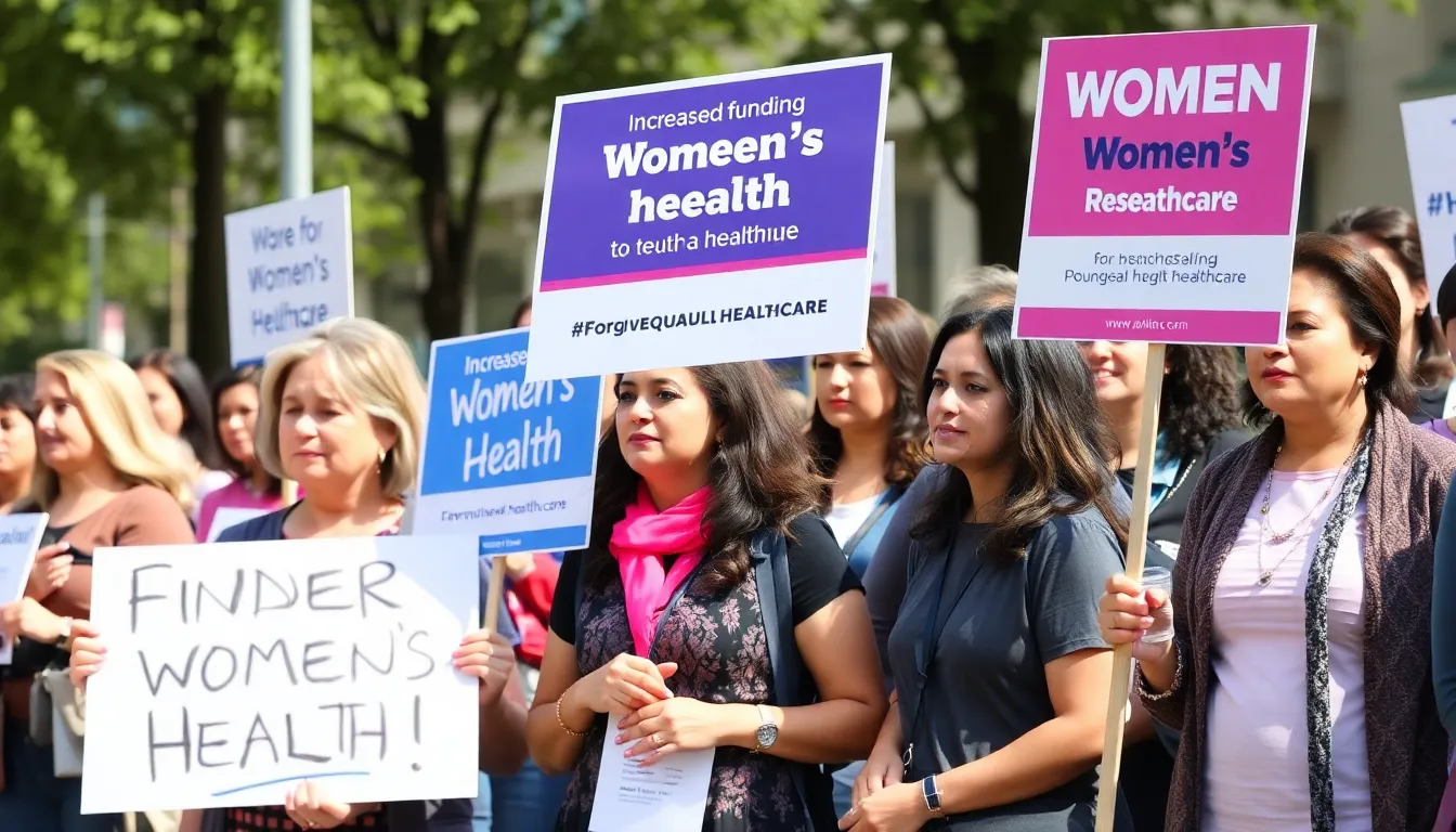 A group of women gather at a rally holding signs advocating for increased funding and research in women's health, highlighting the urgent need for equitable healthcare.