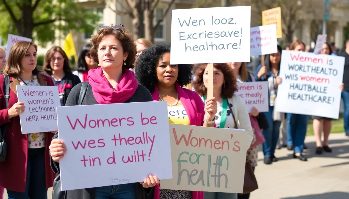 A historical protest scene from the feminist movements of the 1960s, highlighting the fight for women's reproductive rights and healthcare access