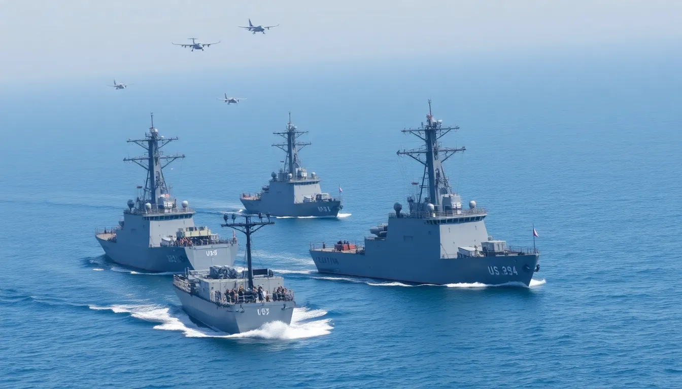 Naval vessels from the U.S. and allied nations are seen conducting joint exercises in the Strait of Hormuz amid rising tensions and concerns over maritime security.