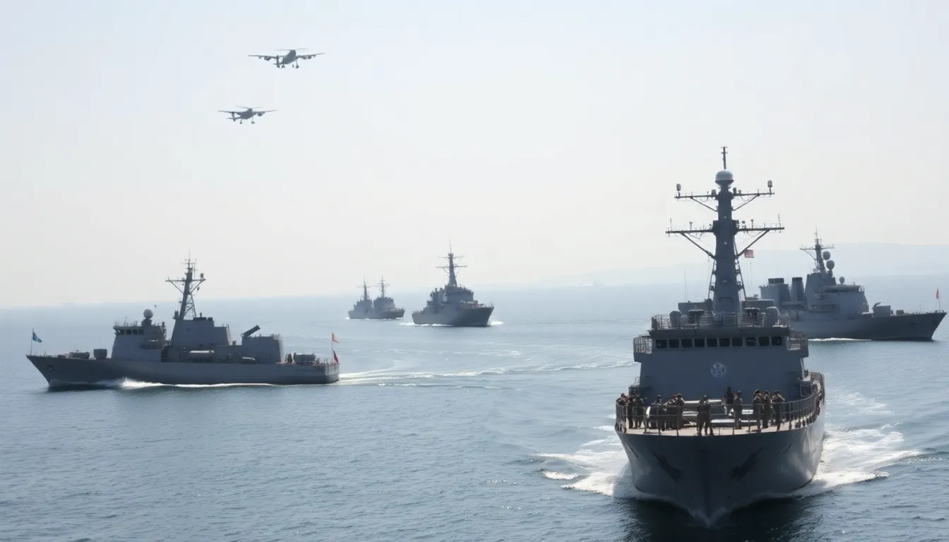 U.S. naval ships are seen preparing for deployment in the Strait of Hormuz, highlighting the increased military presence in the region