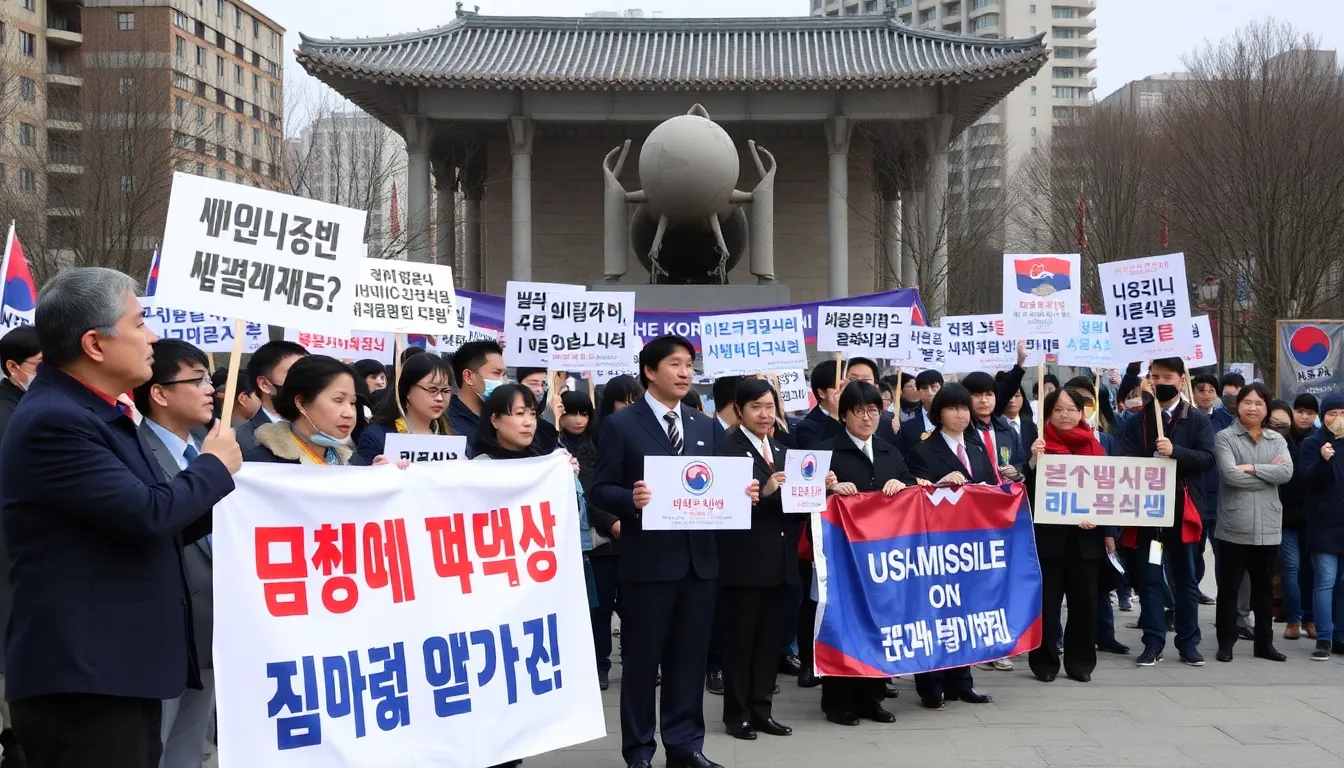 South Korean officials and citizens gather in a public square, expressing their concerns about the potential relocation of the US antimissile system amid rising tensions with North Korea.