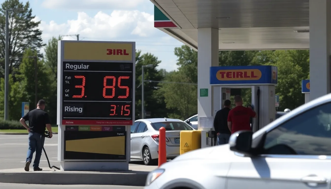 A gas station displays a sign showing rising prices, with the cost of regular gasoline reaching .85 per gallon as customers fill their tanks.
