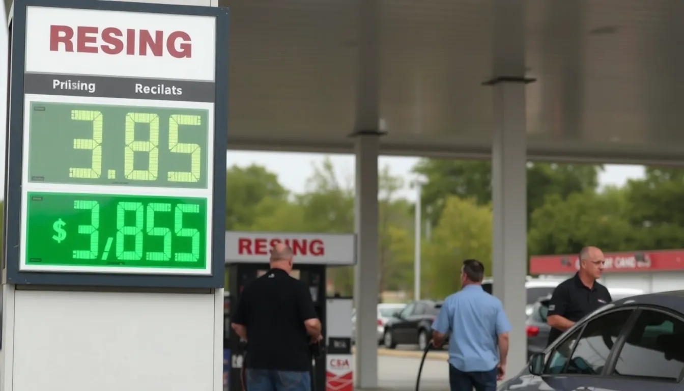 Consumers filling their vehicles with gasoline at a busy service station, illustrating the impact of higher fuel costs on everyday life