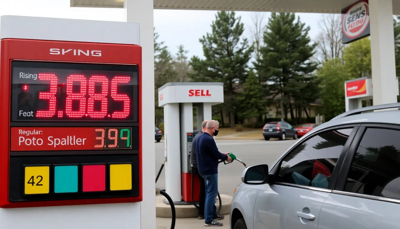 A closeup of a driver's worried expression while checking gas prices at the pump, highlighting the financial strain on households due to escalating fuel expenses