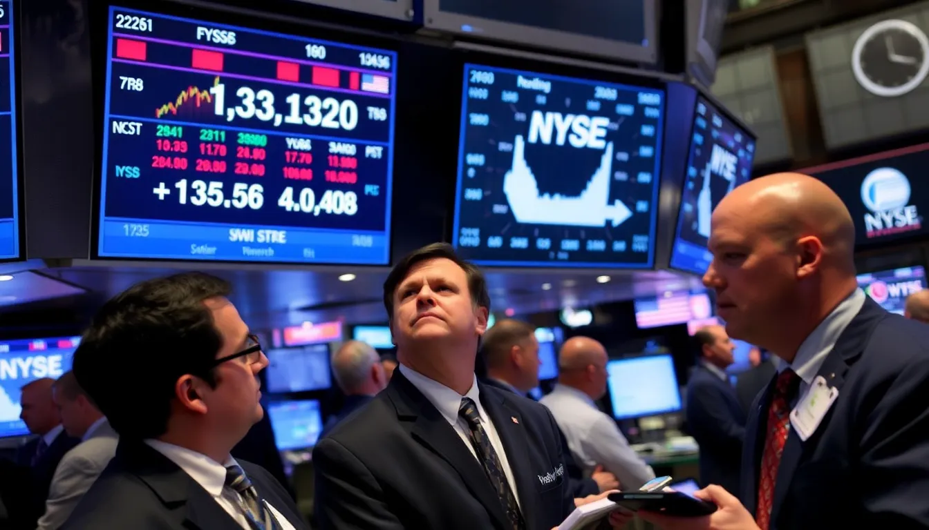 A financial analyst discussing market trends with colleagues in a busy office environment filled with charts and data displays