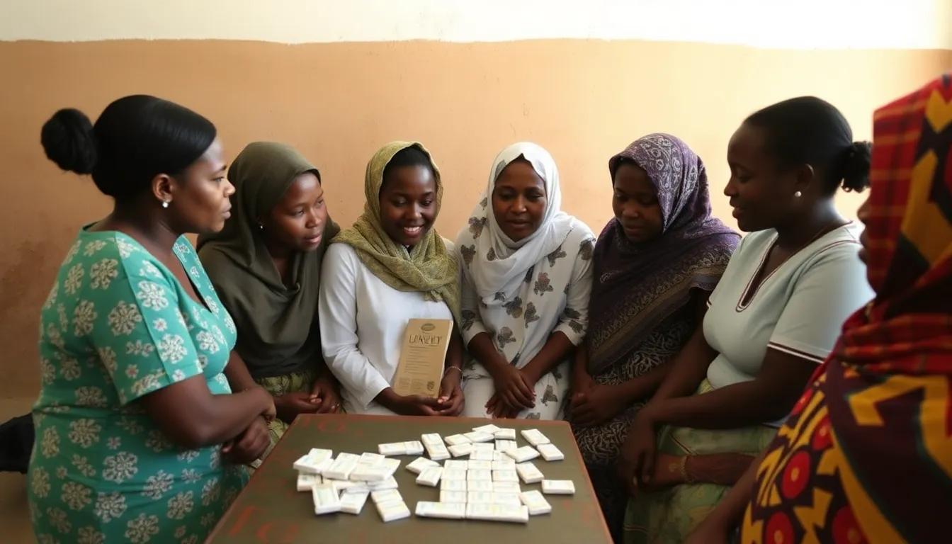 A group of women gather in a community health center in Africa, discussing family planning options while examining a limited supply of contraceptives on a table.