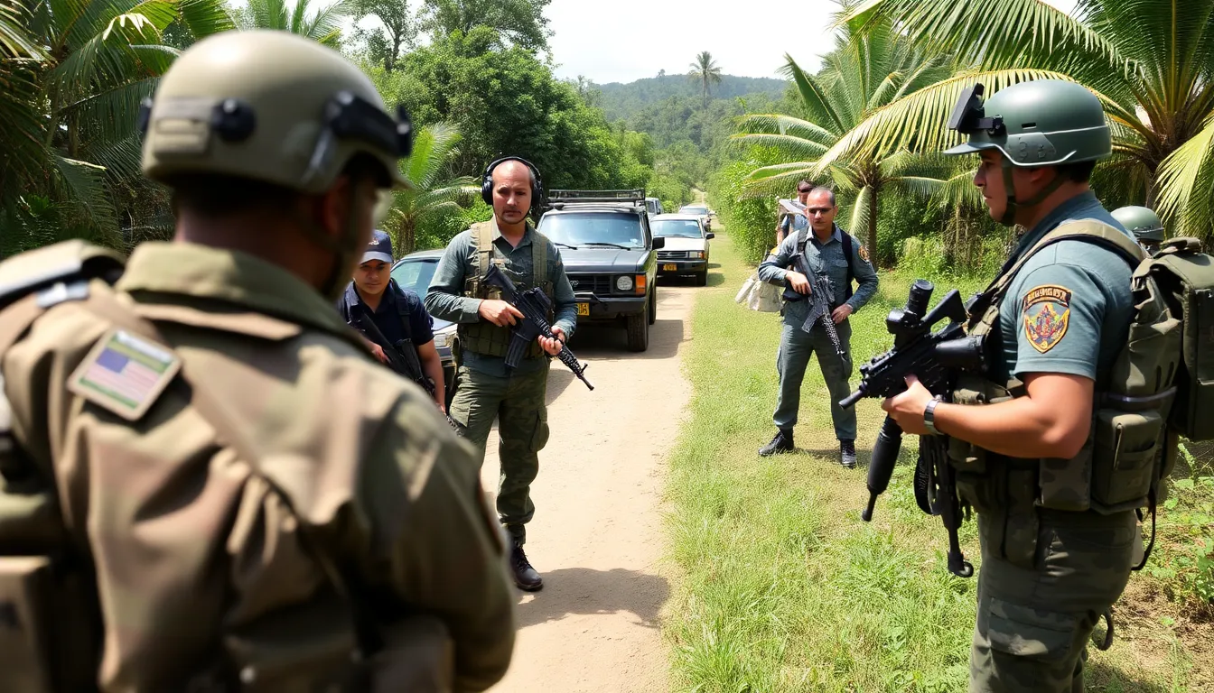 US military personnel collaborate with Ecuadorian law enforcement in a tactical operation aimed at dismantling drug trafficking networks in a rural area of Ecuador.