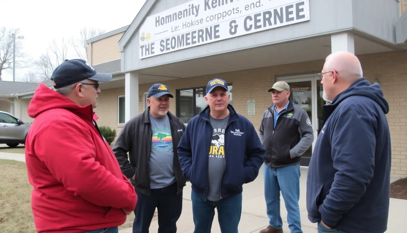 A group of veterans gathers outside a community center, discussing resources and support services available for those experiencing homelessness.