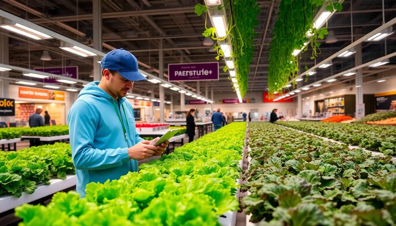A worker inspects rows of leafy greens in a modern vertical farm, highlighting the contrast between innovative agricultural technology and the challenges it faces in a competitive market.