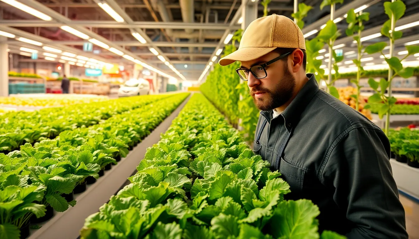 An aerial view of a city with both vertical farms and traditional fields, highlighting the evolving landscape of food production and the competition between farming methods