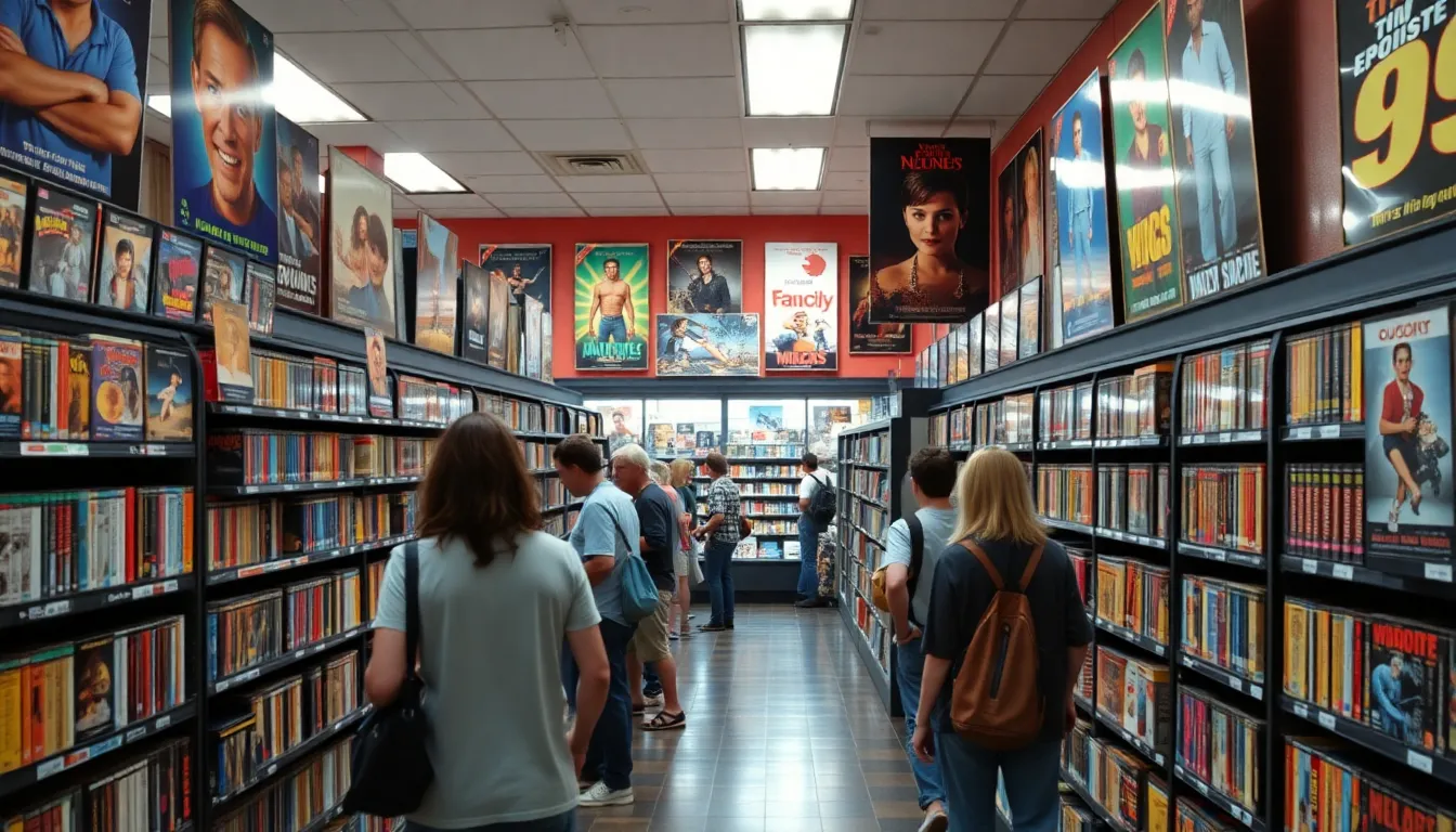 A nostalgic video rental store from the 1990s features shelves filled with colorful VHS tapes and posters of popular films, while customers browse the aisles, reminiscing about their favorite movies.