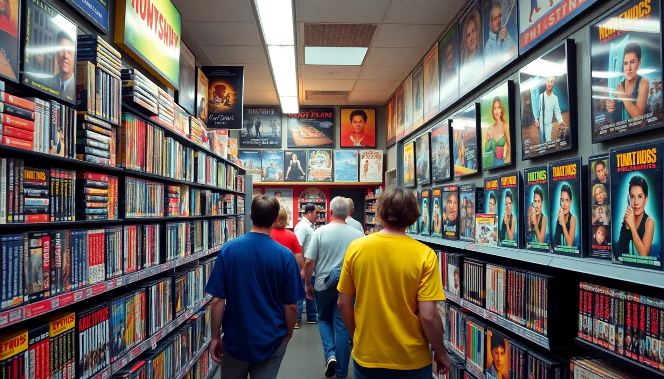 A group of friends laughing and discussing their favorite movies while standing in front of a display of classic film posters in a vibrant video rental shop