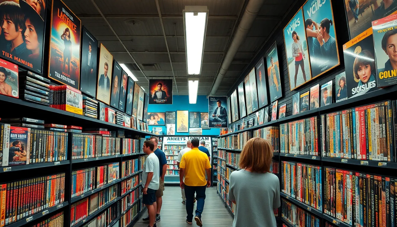 An independent video rental store owner assisting a customer with a warm smile, highlighting the personal connections that were forged in these local businesses during the 1990s