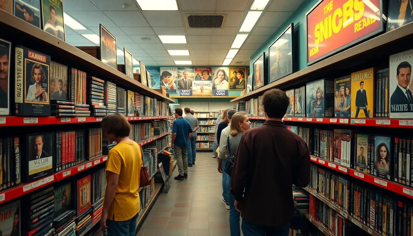 A family gathered in their living room, eagerly preparing to watch a rented movie, showcasing the home viewing experience that video rental stores made possible