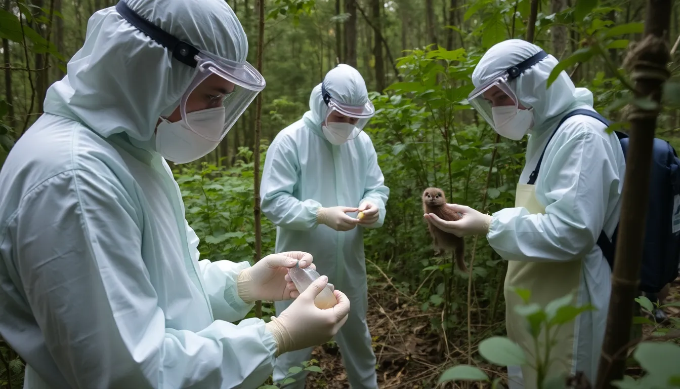 scientists in protective gear collect samples from wildlife in a forested area as part of research on viral outbreaks and their transmission to humans.