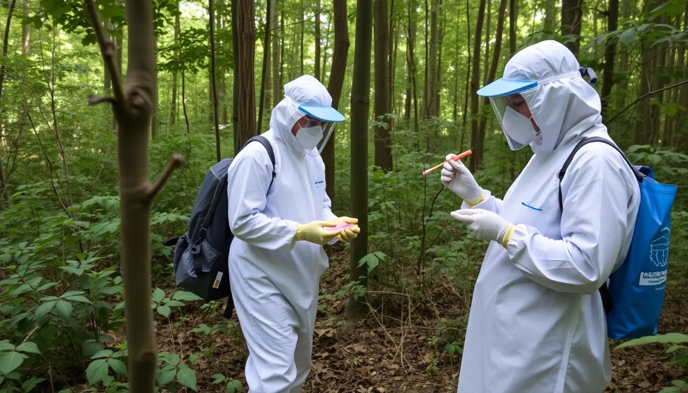 A farmer working in a field adjacent to a forest, illustrating the close proximity of agricultural practices to natural habitats where zoonotic diseases can emerge