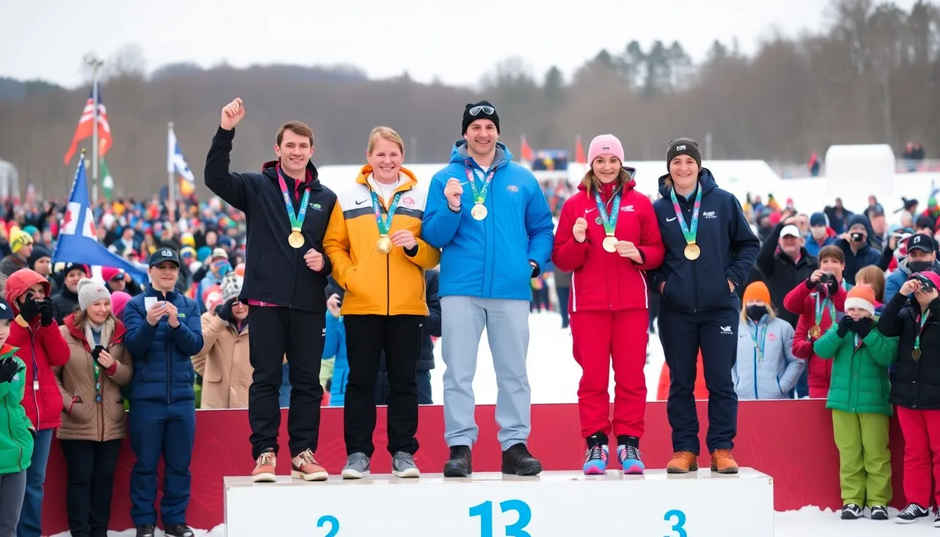 A group of enthusiastic fans cheers for the Von Trapp family during a thrilling skiing event at the Paralympics, highlighting the community support for adaptive athletes