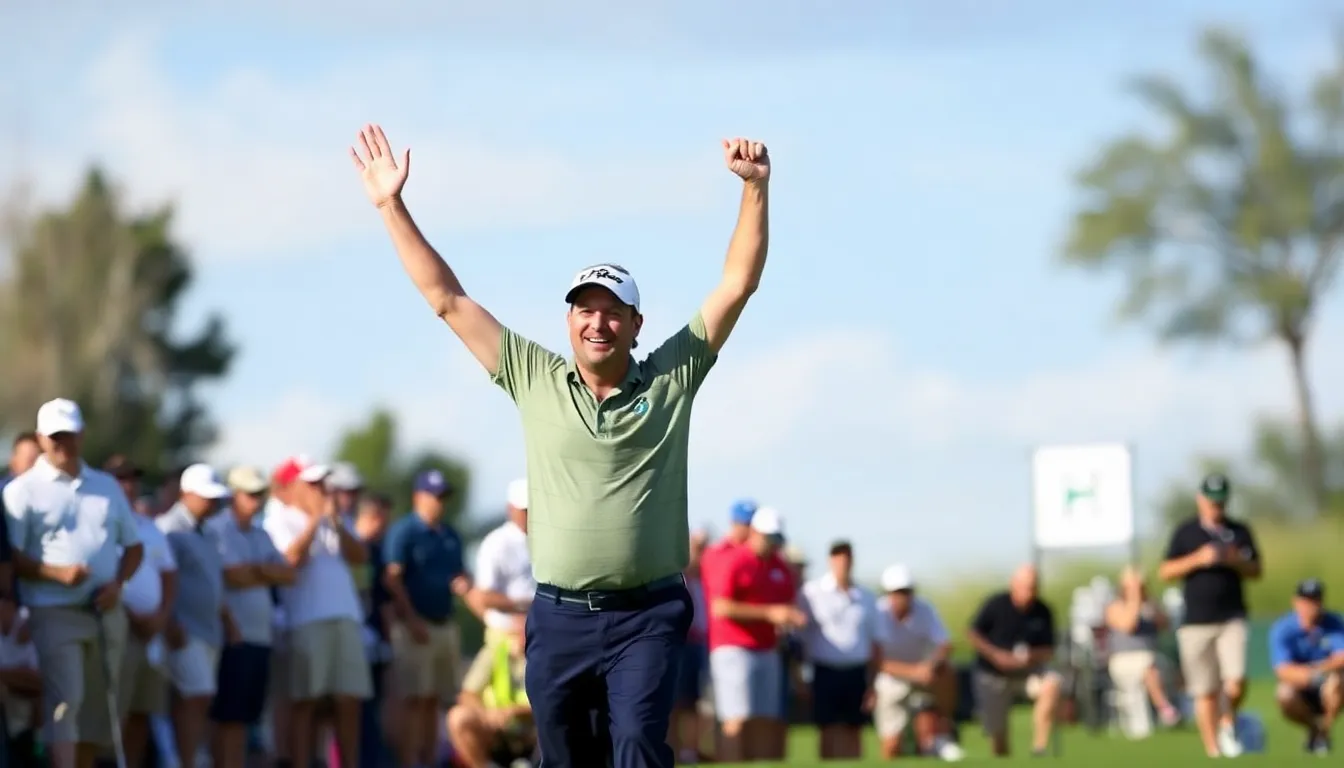 Paul Waring celebrates on the green after completing his careerbest round of 63 at the Houston Open, where he currently leads the tournament.