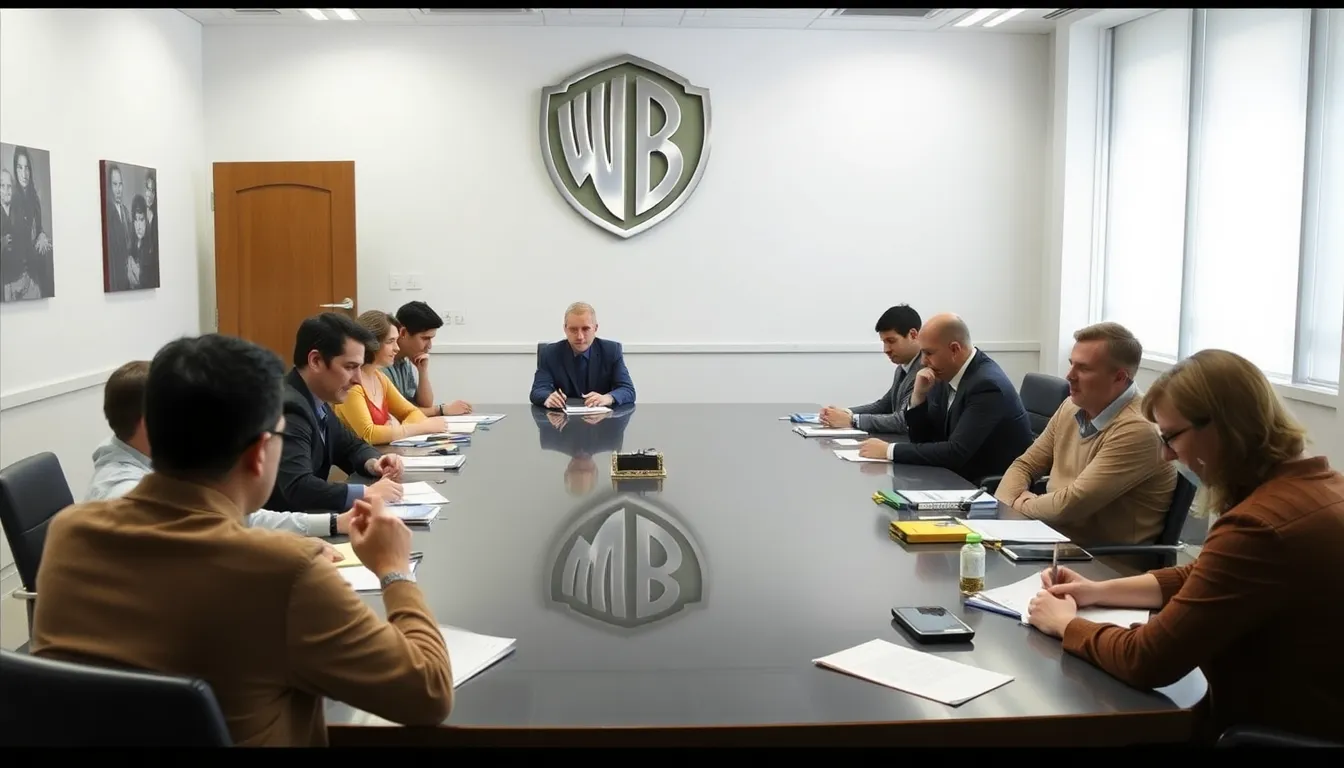 Warner Bros. employees gather in a meeting room, expressing their concerns about the potential acquisition by Paramount Global, with anxious expressions and notes in hand.