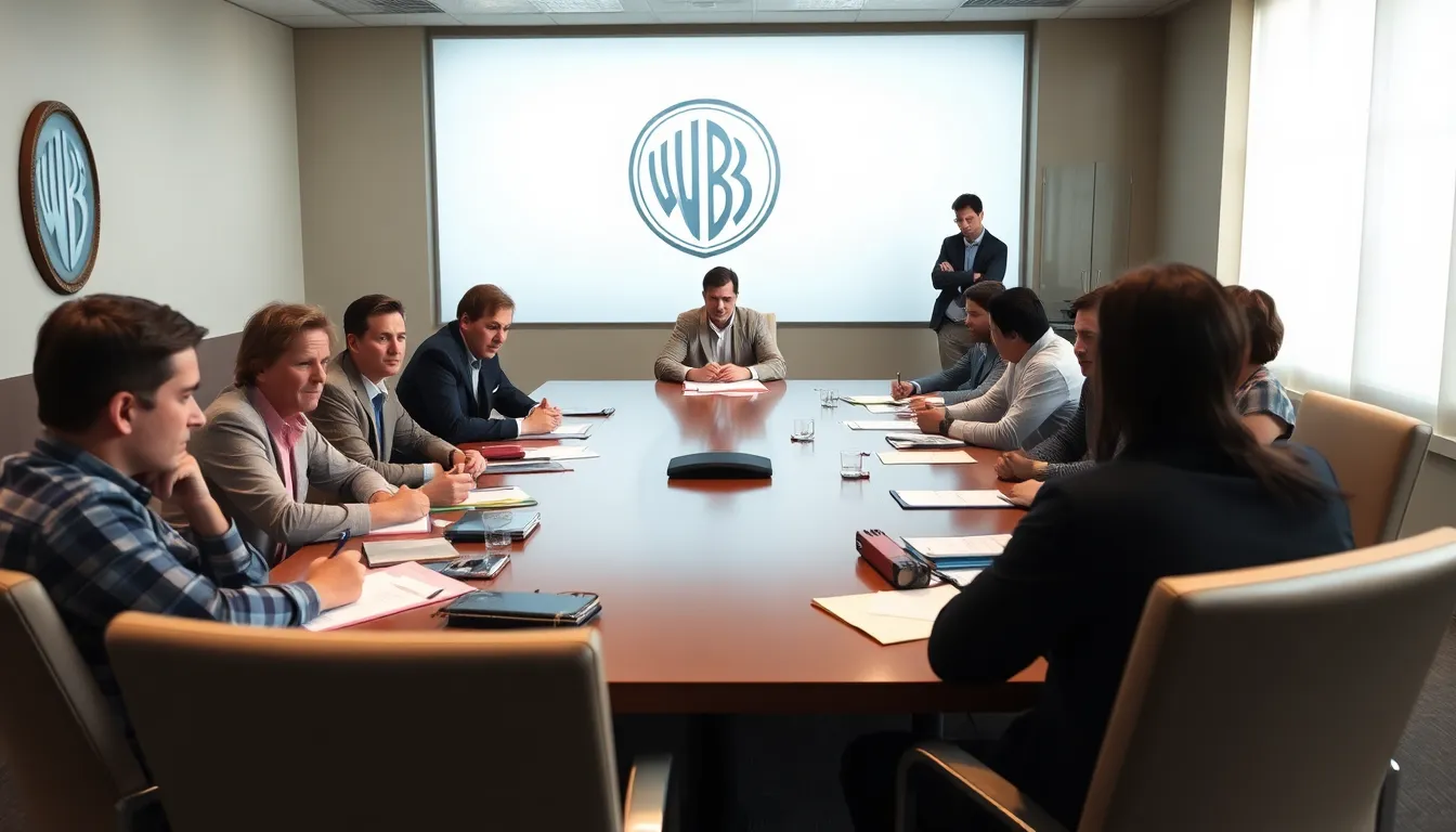A group of Warner Bros. staff members discusses the implications of a possible acquisition, highlighting their worries about job security and creative direction